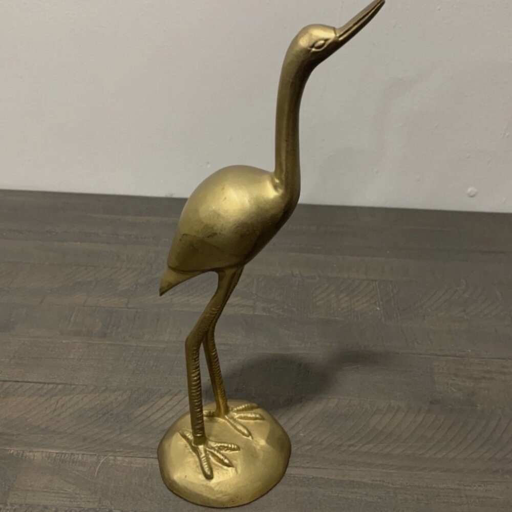 12" Vintage Brass Bird Figure Crane Mid Century Brass Heron Bird Figurine - Picture 2 of 4